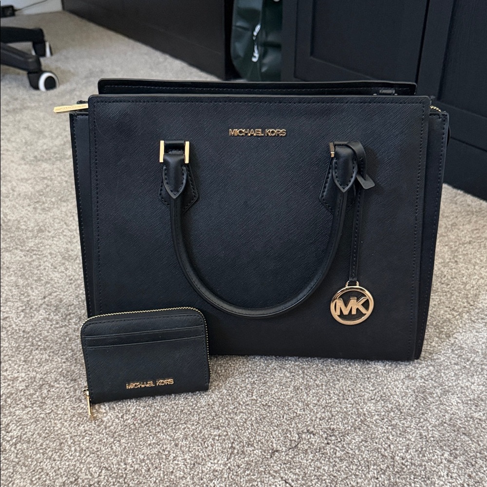 Michael Kors Black Tote and Wallet with Gold Accents